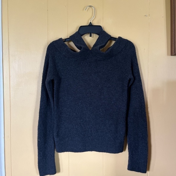 ANTHROPOLOGIE MOTH Wool Blend Gray Criss Cross High Neck Sweater! - Picture 1 of 4